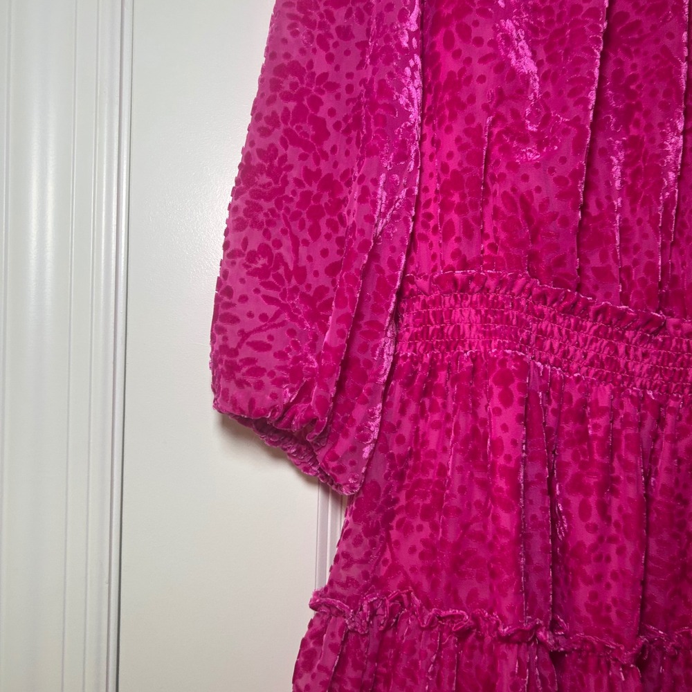 Shoshanna Magenta Pink Burnout Velvet Ruffle Mini Dress 8 Smocked Waist party - Picture 3 of 9